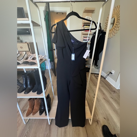 NWTs! Never worn; Marchesa Notte - One - Shoulder Tailored Black Jumpsuit - Picture 7 of 12